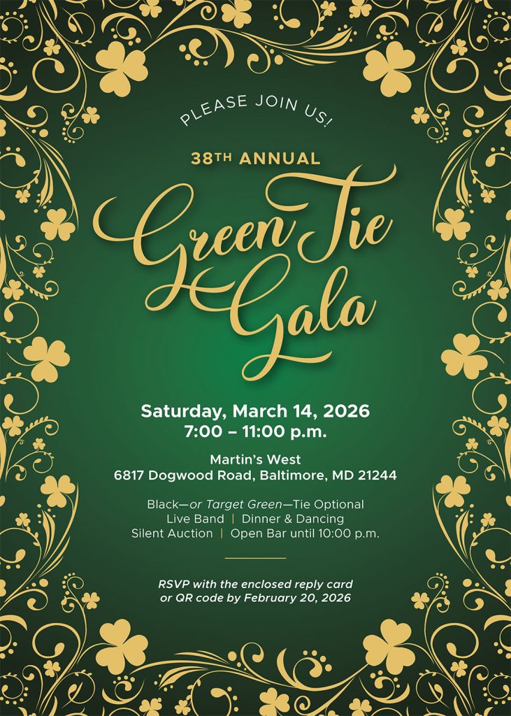 Green and gold invitation with shamrock accents announcing Target’s 38th Annual Green Tie Gala on Saturday March 14 2026 from 7:00 to 11:00 p.m. at Martin’s West in Baltimore with details about dinner dancing live band silent auction and open bar and a link to ticket and sponsorship information