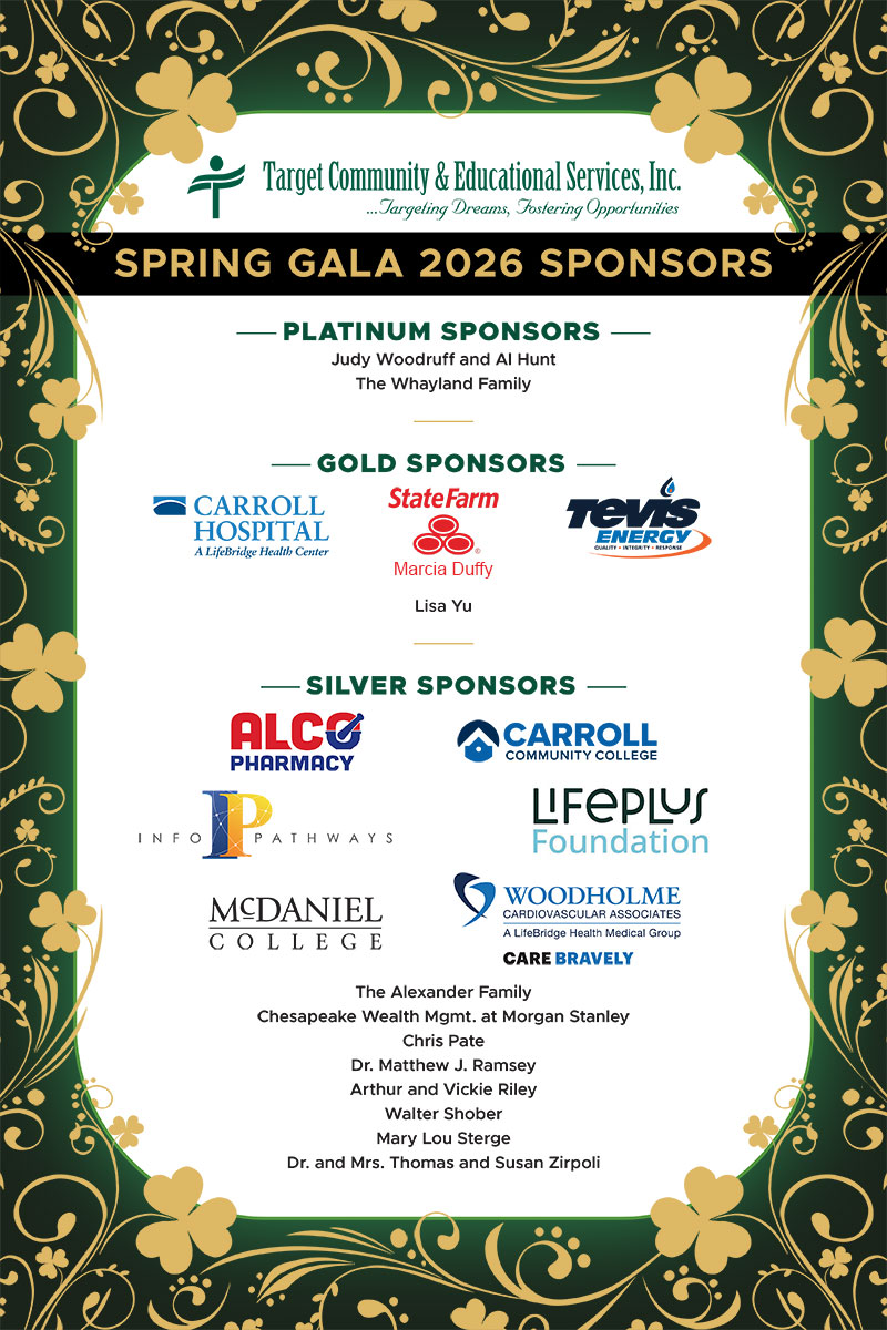 Spring Gala 2026 sponsor list for Target Community and Educational Services, including platinum, gold, and silver sponsors.